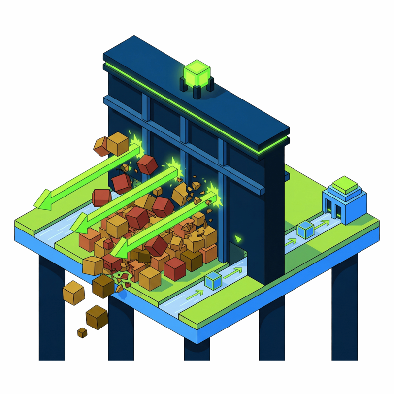 Isometric illustration of firewall and DDoS threat mitigation